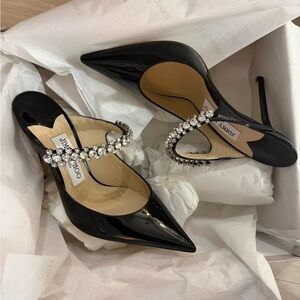 Jimmy Choo Black Patent Crystal-Strap Pointed Toe Stilettos